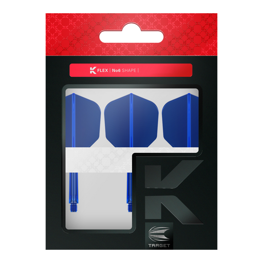 Target K-Flex No6 Flight System - Blauw Das Bild zeigt eine Verpackung mit drei blauen Dartflights und Schäften der Marke Target. Die Verpackung ist überwiegend schwarz mit einem roten oberen Bereich und Sichtfenster.