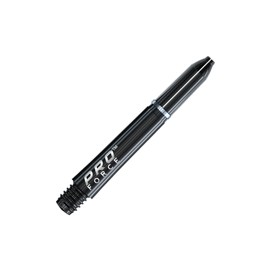 7011_101_Winmau_Pro-Force_Shafts_Schwarz_35mm_2 Das Bild zeigt einen schwarzen Winmau Pro-Force Shaft für Darts. Auf dem Produkt steht der Schriftzug "PRO FORCE" in weißen Buchstaben.