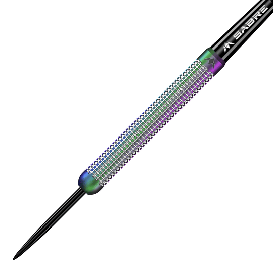 Mission Aurora Coral PVD stalen darts - 23g Das Bild zeigt einen Mission Aurora Coral PVD Steeldart mit einem Gewicht von 23g. Der Dart hat eine bunte, glänzende Oberfläche und ist mit feinen Rillen versehen.