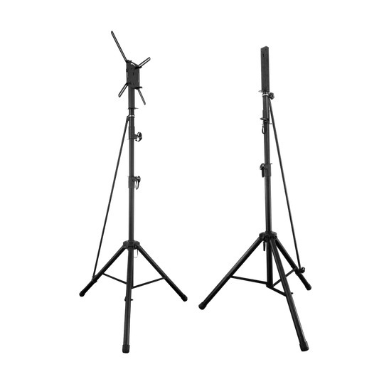 67909_Bulls_Vibex_H_Dartboard_St-nder_5 Auf dem Bild sind zwei Bulls Vibex H Dartboard Ständer zu sehen. Sie bestehen aus schwarzen, höhenverstellbaren Stativen mit stabilem Standfuß.