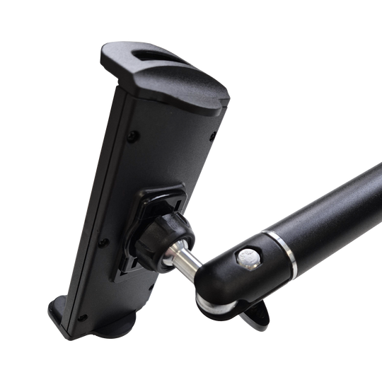 McDart TABFlex tablet muurbeugel met flexibele arm Das Bild zeigt die McDart TABFlex Tablet Wandhalterung mit flexiblem Arm. Die Halterung ist schwarz und lässt sich einstellen, um ein Tablet sicher zu befestigen.