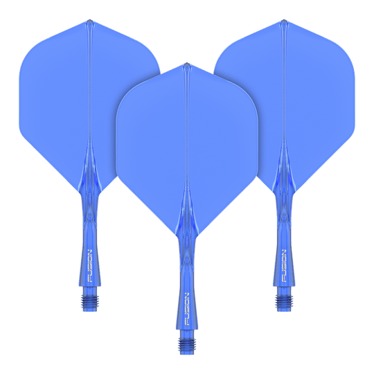 Das Bild zeigt drei blaue Dart-Flights mit Schäften des Winmau Fusion Flight Shaft Systems. Sie sind in einer Reihe angeordnet und jeder Schaft ist 22 mm lang.