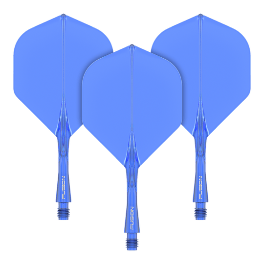 Winmau Fusion Flight Shaft System Standaard Blauw Das Bild zeigt drei blaue Dart-Flights mit Schäften des Winmau Fusion Flight Shaft Systems. Sie sind in einer Reihe angeordnet und jeder Schaft ist 22 mm lang.