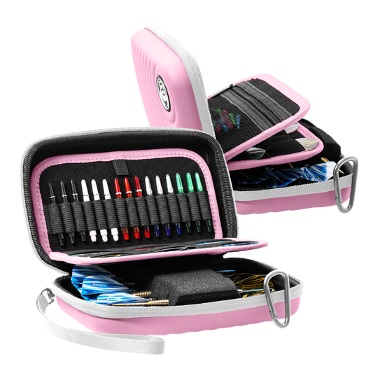 Abgebildet ist das Bulls Orbis XL Dartcase in der Farbe Pink. Es bietet viel Platz für Dartzubehör.