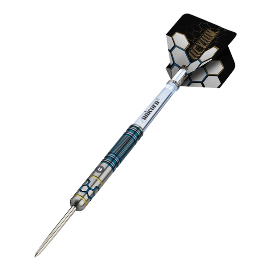 Unicorn Hexium Style 02 Blauw & Goud Steeldarts Das Foto zeigt die Unicorn Hexium Style 02 Blue & Gold Steeldarts. Es handelt sich um hochwertige Steeldarts in Blau und Gold.