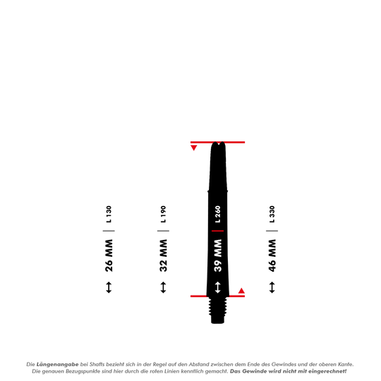 L-L-Style-Shafts Locked Straight - Rood Das Bild zeigt vier verschiedene Längen eines geraden L-Style L-Shafts für Darts. In der Mitte wird die Länge von 39 mm hervorgehoben und die anderen Längen sind 26 mm, 32 mm und 46 mm.