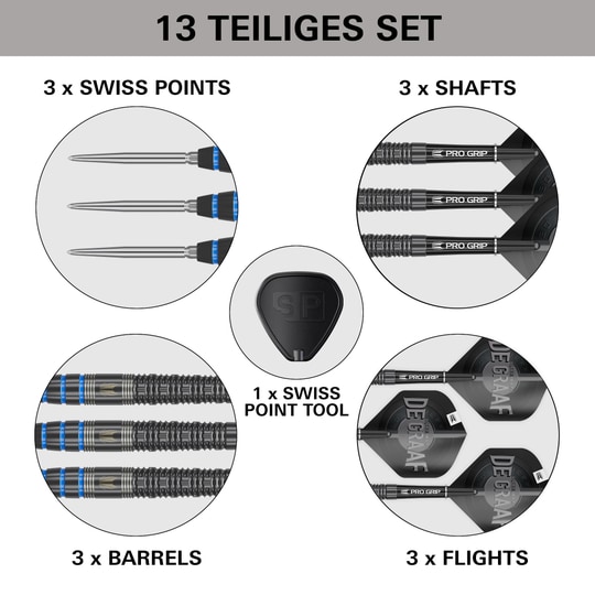 Das Bild zeigt das 13-teilige Set "Target Jeffrey De Graaf GEN1 Swiss Point Steeldarts - 23g". Im Set sind 3 Spitzen, 3 Shafts, 3 Barrels, 3 Flights und 1 Swiss Point Tool enthalten.