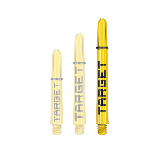 Target Pro Grip TAG Shafts - 3 sets - Geel Das Bild zeigt drei gelbe Dartschäfte in verschiedenen Längen. Auf jedem Schaft steht das Wort "TARGET" in schwarzer Schrift.