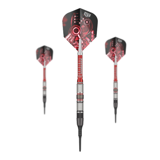 Das Bild zeigt drei Softdarts des Produkts „DW Piranha Razor 02“. Die Darts haben ein schwarzes und rotes Design mit metallischen Elementen.