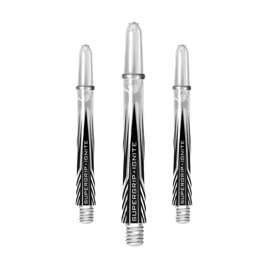 HR394_Harrows_Supergrip_Ignite_Shafts_Clear_47mm_1p9h98zRvzlN0K Das Bild zeigt drei klare Harrows Supergrip Ignite Shafts für Darts. Die Shafts haben ein modernes, transparentes Design mit schwarzer Beschriftung.