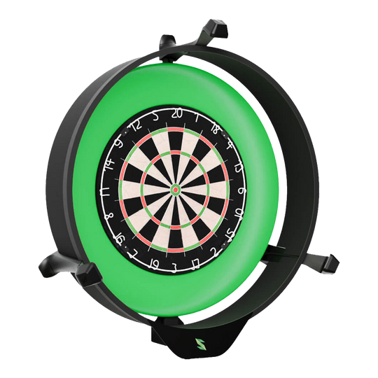 Scolia Home 2 Elektronisch Autoscoring Systeem met Verlichtingsring 2026 Das Bild zeigt das Produkt "Scolia Home 2 Electronic Score System mit Beleuchtungsring". Es handelt sich um ein elektronisches Punktesystem für Dartscheiben mit einem leuchtenden grünen Ring.