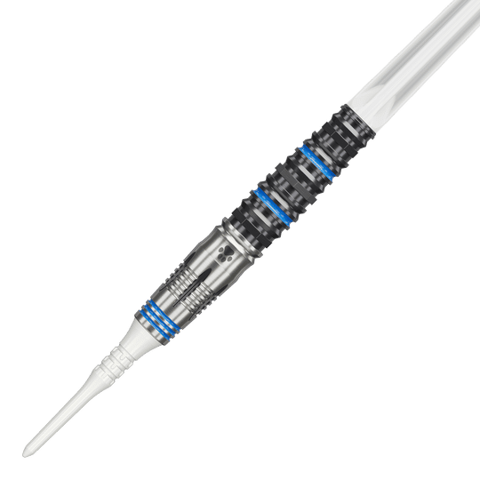 Das Bild zeigt einen Softdart der Marke Target Japan, Modell Airi Hirano Charm Kanon GEN4 mit einem Gewicht von 17,5g. Der Dartpfeil ist silberfarben mit schwarzen und blauen Akzenten gestaltet.
