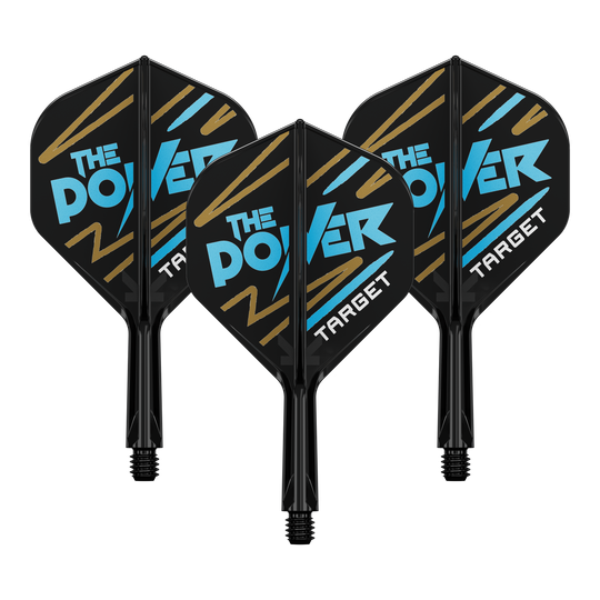 Target K-Flex Phil Taylor No2 Standaard Vluchtas Systeem Auf dem Bild sind drei Dartflights mit schwarzem Hintergrund zu sehen. Auf den Flights steht in blauer und weißer Schrift "THE POWER" und unten "TARGET".