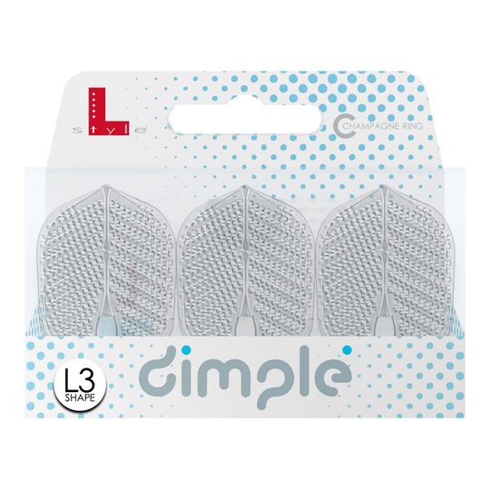 L-Style Flights Dimple Champagne L3PRO Shape Das Bild zeigt eine Verpackung mit drei L-Style Flights Dimple im L3PRO Shape. Die Verpackung ist weiß mit blauen Punkten und trägt den Schriftzug "dimple".