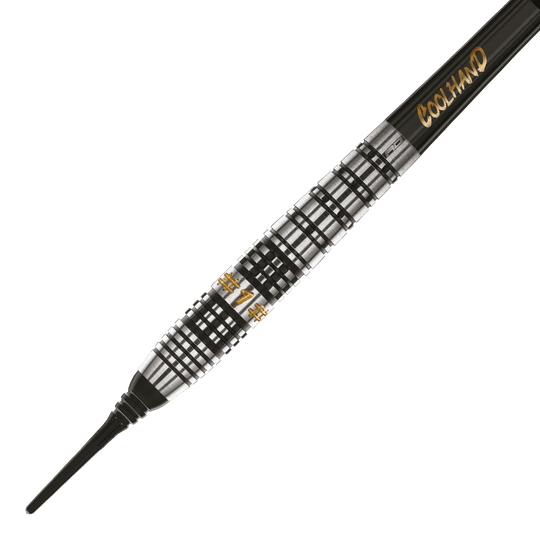 Das Bild zeigt einen Softdart namens "Red Dragon Luke Humphries Prestige Softdarts - 20g". Der Dart hat ein silber-schwarzes, geriffeltes Design mit goldener Schrift.