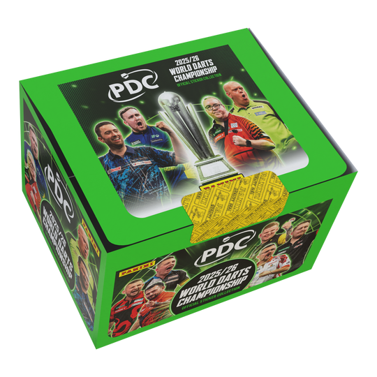 Panini PDC World Darts Championship 2025/26 - Stickerbox met 65 pakketten Zu sehen ist die Panini PDC World Darts Championship 2025/26 Stickerbox mit 65 Tüten. Die Stickerbox enthält viele Tüten zum Tauschen und Kleben.