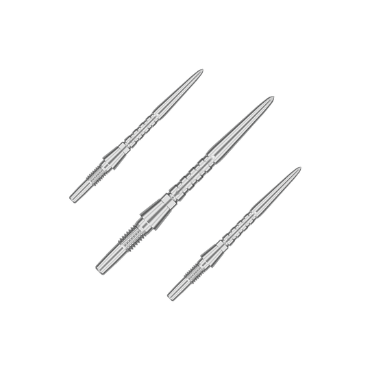Auf dem Bild sind drei silberne Steeldartspitzen abgebildet. Sie sind schmal, metallisch und haben ein präzises, geriffeltes Design.