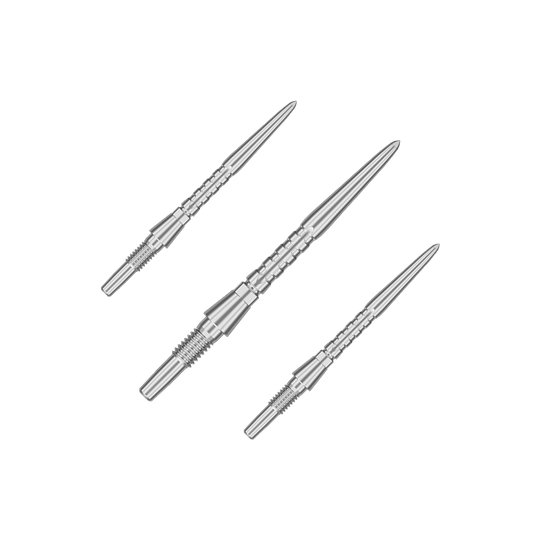 Target Swiss Point Storm Surge stalen dartpunten - zilver Auf dem Bild sind drei silberne Steeldartspitzen abgebildet. Sie sind schmal, metallisch und haben ein präzises, geriffeltes Design.