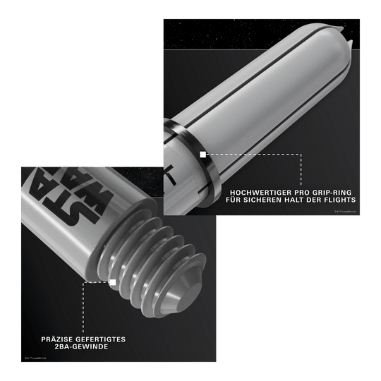 Target Star Wars ProGrip Shafts - Grijs Gezeigt wird das Produkt Target Star Wars ProGrip Shafts - Grau. Die robusten Dartschäfte sind in Grau gehalten.