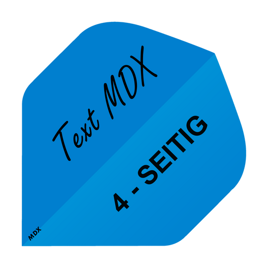 MD-406_4S_4-Seitig_Bedruckte_Flights_Wunschtext_MDX_Blau_Standard_1 Das Bild zeigt ein blaues Quadrat mit dem Text "Text MDX" und "4-SEITIG" darauf. In der Ecke steht zusätzlich klein "MDX".