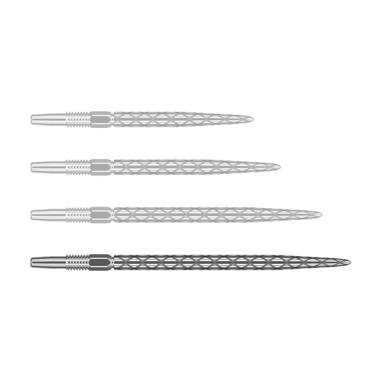 Target Swiss Diamond Pro Silver Points dartpunten Auf dem Bild sind vier silberne Dartspitzen mit einem rautenförmigen Muster zu sehen. Sie liegen waagerecht und sind gleichmäßig angeordnet.