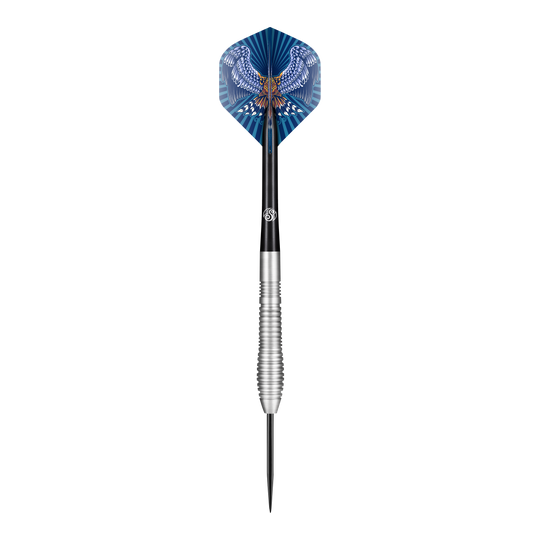 Shot Birds Of Prey Kestrel Steel Darts Das Bild zeigt einen Steeldart der Marke "Shot Birds Of Prey Kestrel". Auf dem Flight ist ein stilisierter Raubvogel mit ausgebreiteten Flügeln in Blau und Weiß abgebildet.