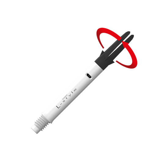 Dies ist ein weißer Carbon-Schaft für Dartpfeile der Marke L-Style. Der obere schwarze Teil kann sich drehen, wie durch den roten Pfeil angezeigt.