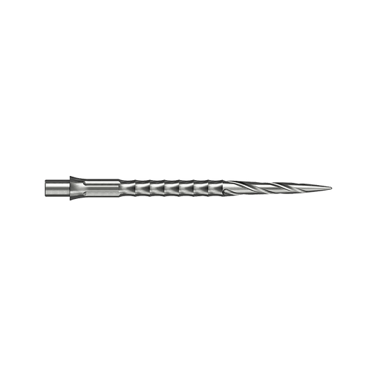 Caliburn System stalen dartpunten - Spiro - NoLip - zilver Zwei silberne Steeldartspitzen im Spiro NoLip Design sind zu sehen. Sie sind 36 mm lang und liegen nebeneinander.