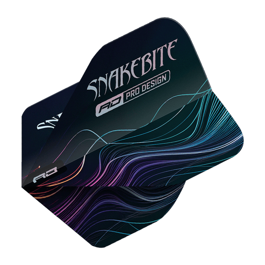 Red Dragon Hardcore Peter Wright Multi No2 Standaard Vluchten Auf dem Bild sind Dartflights des Modells "Red Dragon Hardcore Peter Wright Multi No2 Standard Flights" zu sehen. Sie sind dunkel gestaltet und tragen die Aufschrift "Snakebite" mit farbigen Linien im Hintergrund.