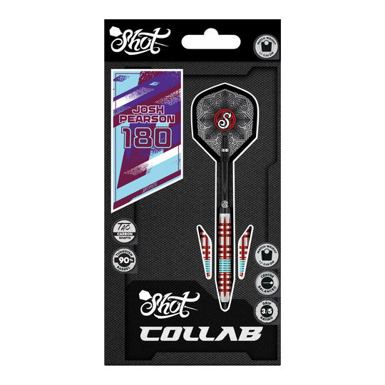 Auf dem Foto sind die Shot Collab Pro Series Josh Pearson Steeldarts - 23g zu sehen. Sie eignen sich ideal für professionelle Dartspieler.
