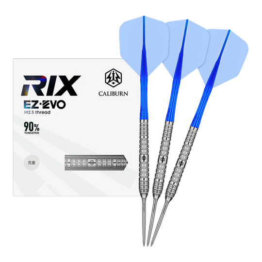 Caliburn Rix EZ-EVO R4 stalen dartpijlen Das Foto zeigt die Caliburn Rix EZ-EVO R4 Steeldarts in voller Ansicht. Die Darts sind modern gestaltet und für professionelle Spieler geeignet.