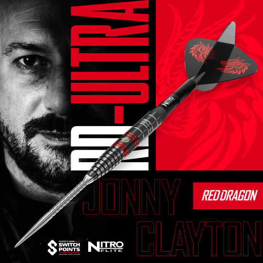 Red Dragon Jonny Clayton RD-ULTRA Switch Point stalen dartpijlen - 22 g Zu sehen sind die Red Dragon Jonny Clayton RD-ULTRA Switch Point Steeldarts mit 22 Gramm. Die Darts werden aufrecht ausgerichtet dargestellt.