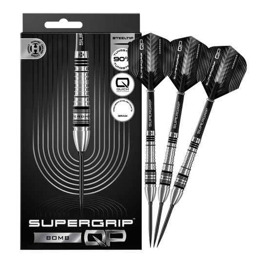 Harrows Supergrip Bomb Quick Point stalen dartpijlen Abgebildet sind die Harrows Supergrip Bomb Quick Point Steeldarts in voller Länge. Sie eignen sich ideal für ambitionierte Dartspieler.