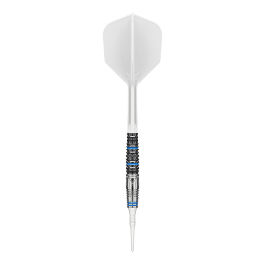 Das Bild zeigt einen Softdartpfeil mit einer weißen Flights und Spitze. Der Griffbereich ist silbern mit schwarzen und blauen Ringen verziert.