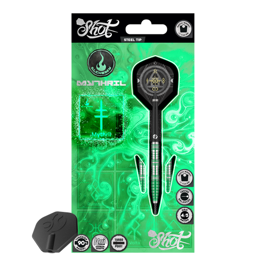 Das Bild zeigt ein Set Shot Alchemy Mythril TurboPoints Steeldarts. Die Darts haben eine strukturierte Oberfläche.