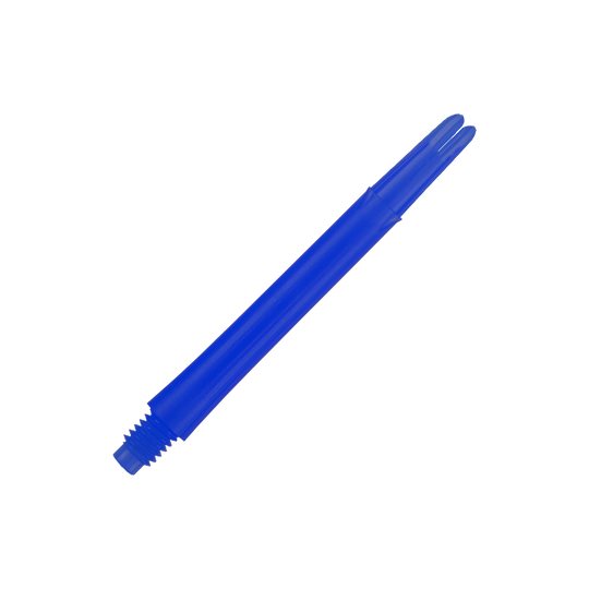L-L-Style-Shafts Locked Straight - Blauw Das Bild zeigt einen geraden, blauen Dartshaft ohne Kappen. Der Schaft ist aus Kunststoff und hat ein Gewinde an einem Ende.