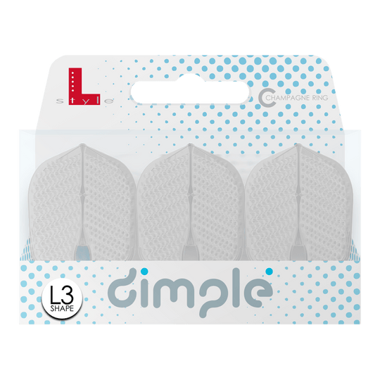 Das Bild zeigt eine Packung mit drei L-Style Flights Dimple Champagne L3PRO Shape. Die Verpackung ist weiß-blau und trägt den Schriftzug "dimple" sowie das L3 Shape-Logo.