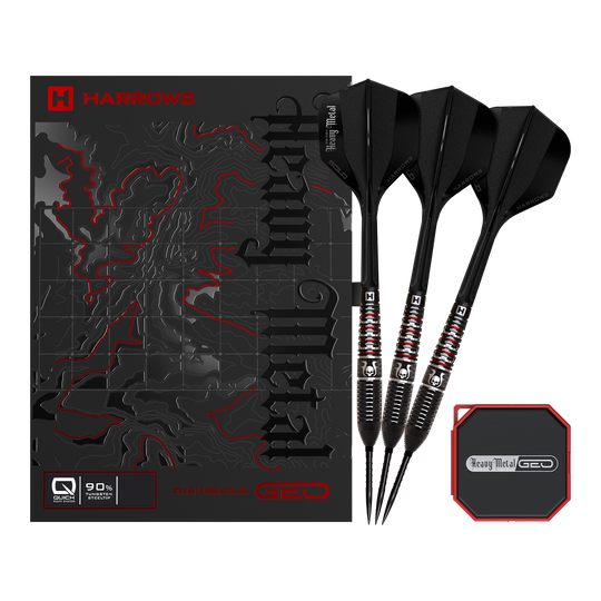 Harrows Ryan Searle Geo Quick Point Steeldarts Ein Dartpfeil mit markanter Oberfläche und klaren Grip-Elementen ist sichtbar. Die Spitze ist besonders hervorgehoben.