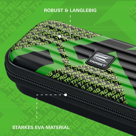 Target Takoma TAG Dartcase Das Bild zeigt ein robustes Dartcase von Target in grünem Design mit dem Schriftzug "TAG". Die Tasche besteht aus starkem EVA-Material und ist als langlebig beschrieben.