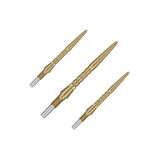 Target Swiss Point Storm Surge stalen dartpunten - goud Auf dem Bild sind drei goldene Steeldartspitzen zu sehen. Sie haben ein schlankes, geriffeltes Design mit einem silbernen Schraubgewinde am Ende.