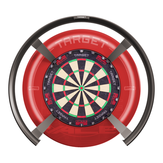 Target OMNI auto-scoring systeem Das Bild zeigt das Produkt "Target OMNI Auto-Scoring-System", ein innovatives elektronisches System für Dartspiele. Es besteht aus einem Dartboard mit einem kreisförmigen automatischen Punktesystem und einer markanten roten Umrandung.