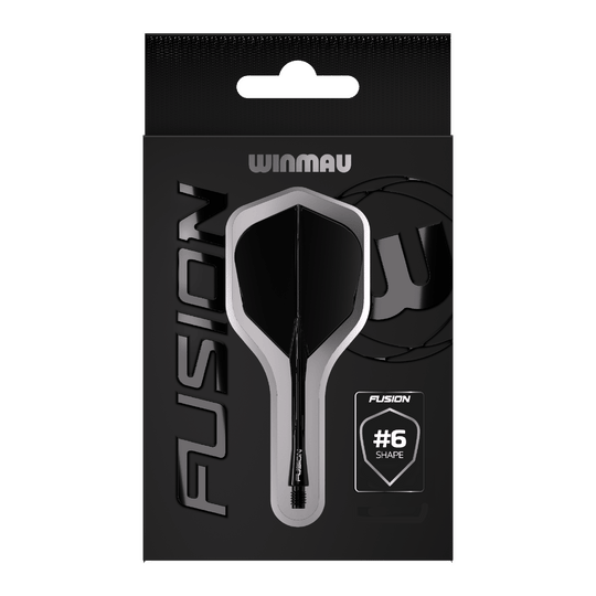 Das Bild zeigt eine Verpackung des Winmau Fusion Flight Shaft Systems in Schwarz. Auf der Verpackung steht, dass es sich um die Form Nummer 6 handelt.