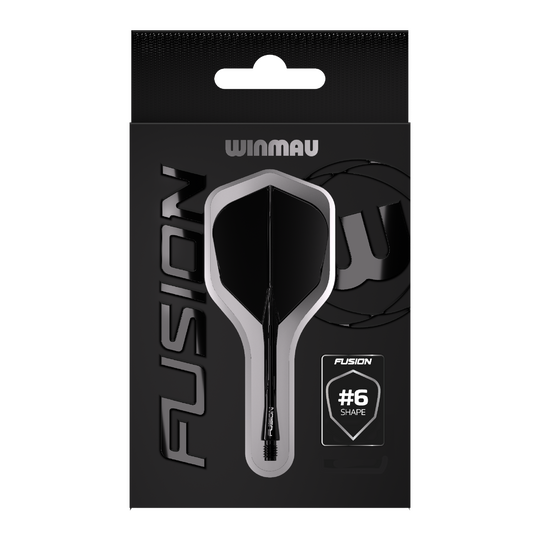 Winmau Fusion Flight Shaft System No6 Zwart Das Bild zeigt eine Verpackung des Winmau Fusion Flight Shaft Systems in Schwarz. Auf der Verpackung steht, dass es sich um die Form Nummer 6 handelt.