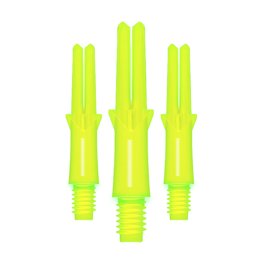 L-L-Style-Shafts Locked Straight - Neongeel Das Bild zeigt drei neon-gelbe, gerade Dart-Schäfte mit Gewinde. Sie sind unterschiedlich lang und stehen nebeneinander aufrecht.