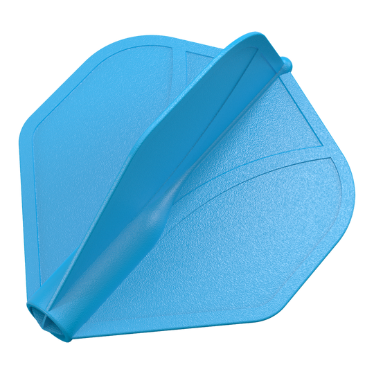 Shot Airfoil Molded No2 Standaard Vluchten Das Bild zeigt ein blaues Dartflügel-Set mit strukturierter Oberfläche. Die Flügel sind in einer aerodynamischen Form modelliert.