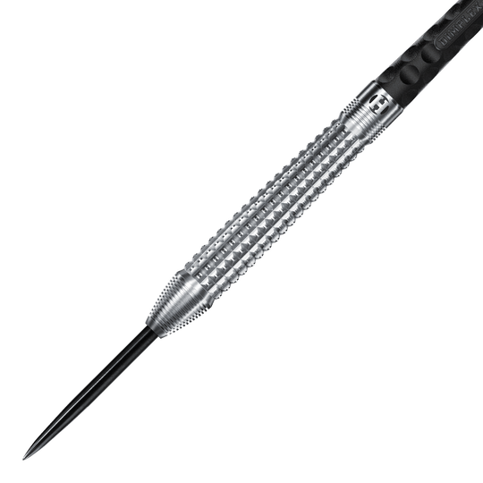 Harrows Dimplex S3 taps toelopende stalen darts Auf dem Bild ist ein Harrows Dimplex S3 Tapered Steeldart zu sehen. Der Dartpfeil hat eine silberne, strukturierte Griffzone und eine scharfe Stahlspitze.