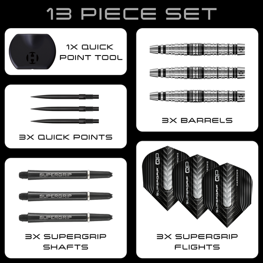 Harrows Supergrip Torpedo Quick Point stalen dartpijlen Harrows Supergrip Torpedo Quick Point Steeldarts sind auf dem Bild zu sehen. Eine Detailansicht hebt den Produktbereich hervor.