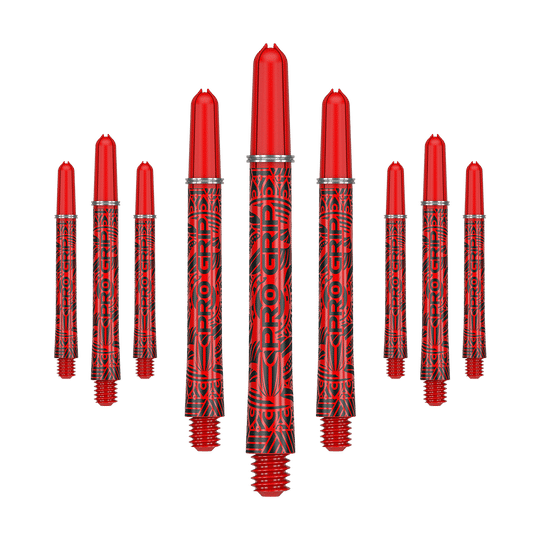 Das Bild zeigt neun rote Dartshafts mit schwarzem Muster und der Aufschrift "PRO GRIP". Sie sind in einer Reihe angeordnet, wobei drei in der Mitte größer dargestellt sind.
