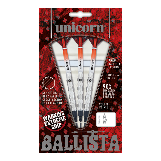 Unicorn Ballista Style 1 zachte darts Das Bild zeigt die Verpackung der "Unicorn Ballista Style 1 Softdarts". In der Packung befinden sich drei Softdarts mit weiß-roten Flights und silbernen Griffen.