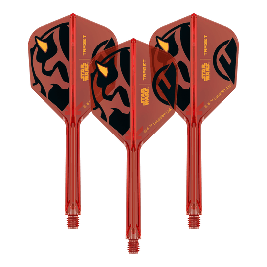 Target Star Wars K-Flex Darth Maul No6-vluchten Abgebildet ist ein Produkt mit dem Namen 410522_Target_StarWars_KFlex_DarthMaul_No6_Flights_Medium_33mm_1Set. Das Bild zeigt vermutlich Dart-Flights mit Star Wars Darth Maul Motiv.